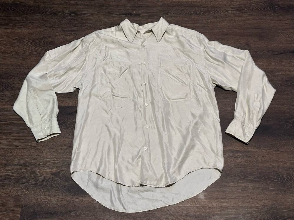 Basix Fenn Wright Manson 100% Silk Men Button Down Shirt Cream Double Pocket Sm
